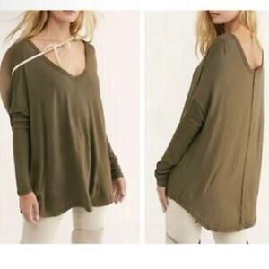 Free People Moonshine V Neck Tunic Top Size S‎ Olive Oversized Long Sleeve